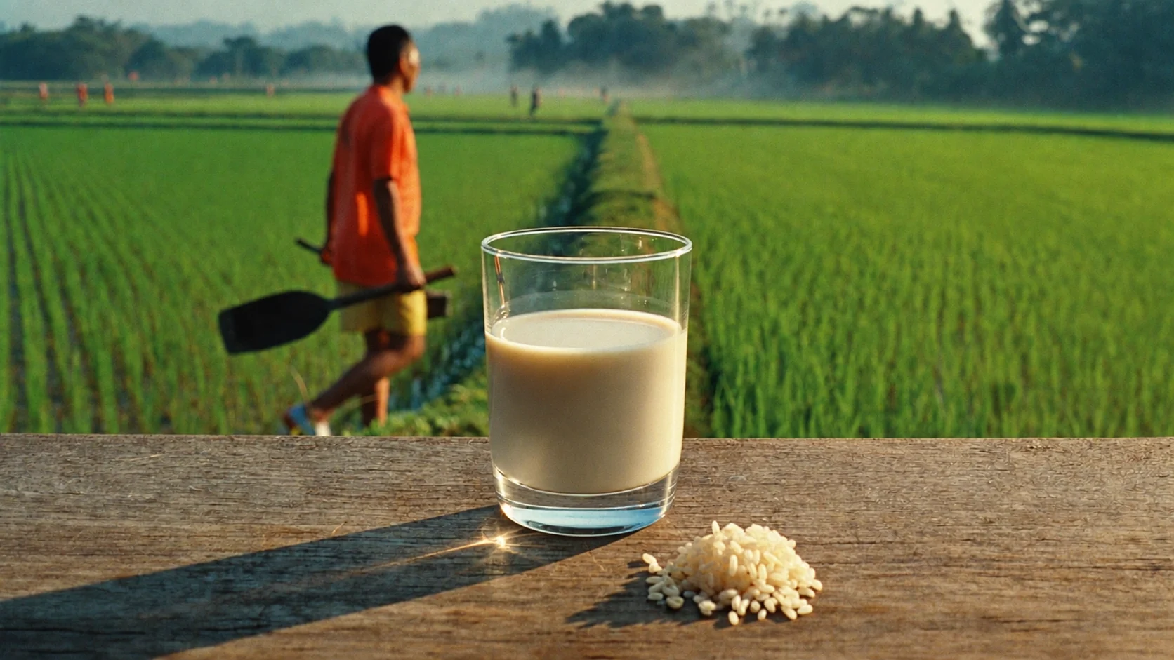 A glass of rice drink and a small pile of rice on a wooden table overlooking green rice fields