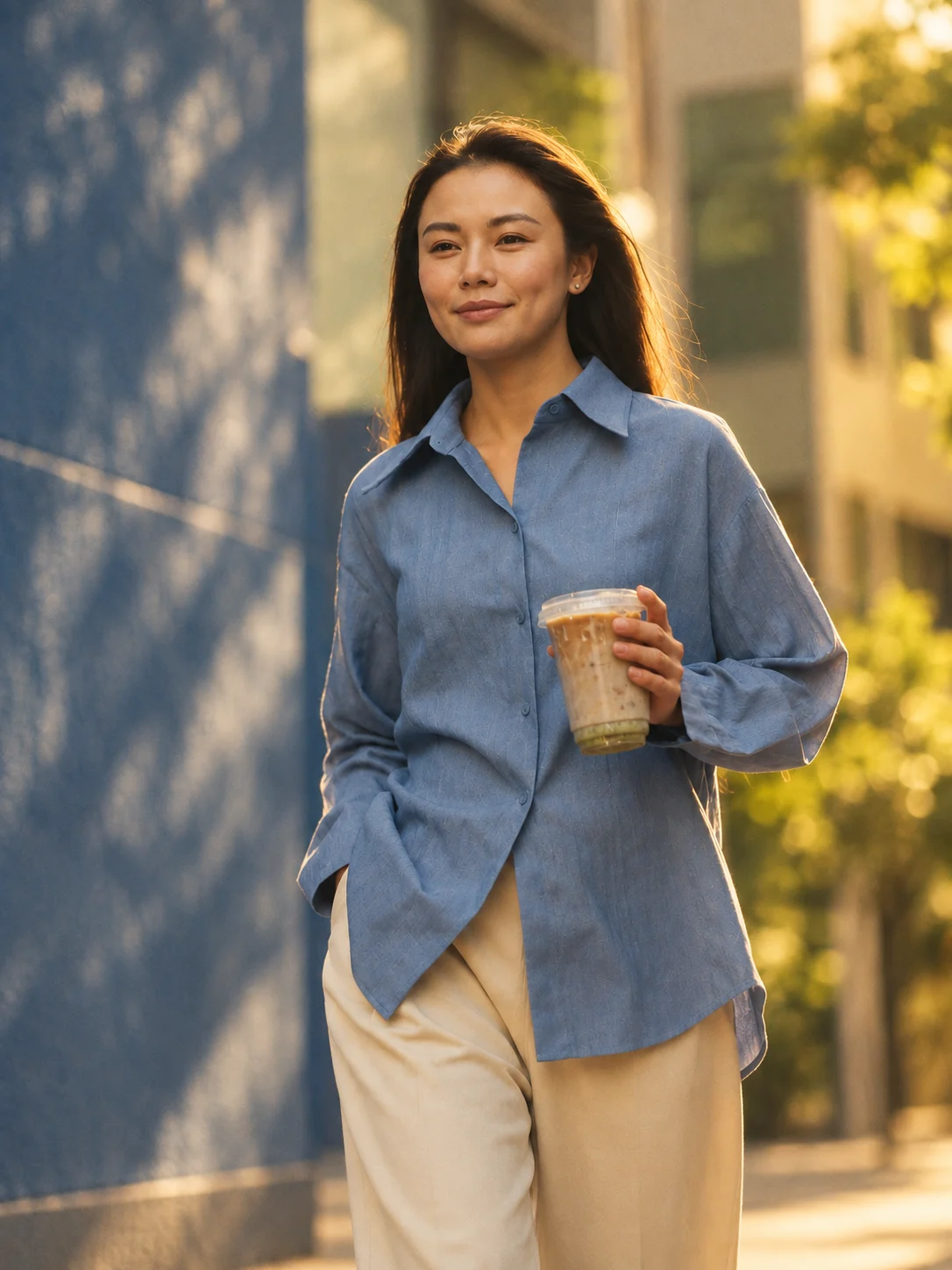 A woman enjoying an iced coffee on a warm neighbourhood walk