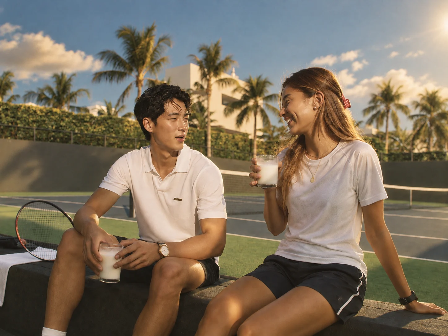 Two friends sharing rice drinks after playing tennis in the sun