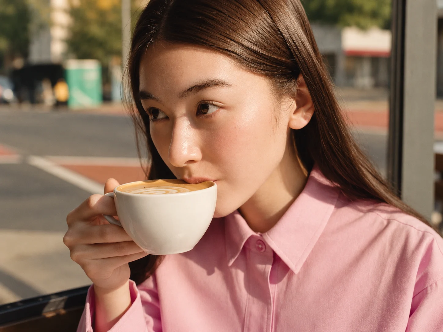 A woman in a pink shirt enjoying a cup of coffee outdoors