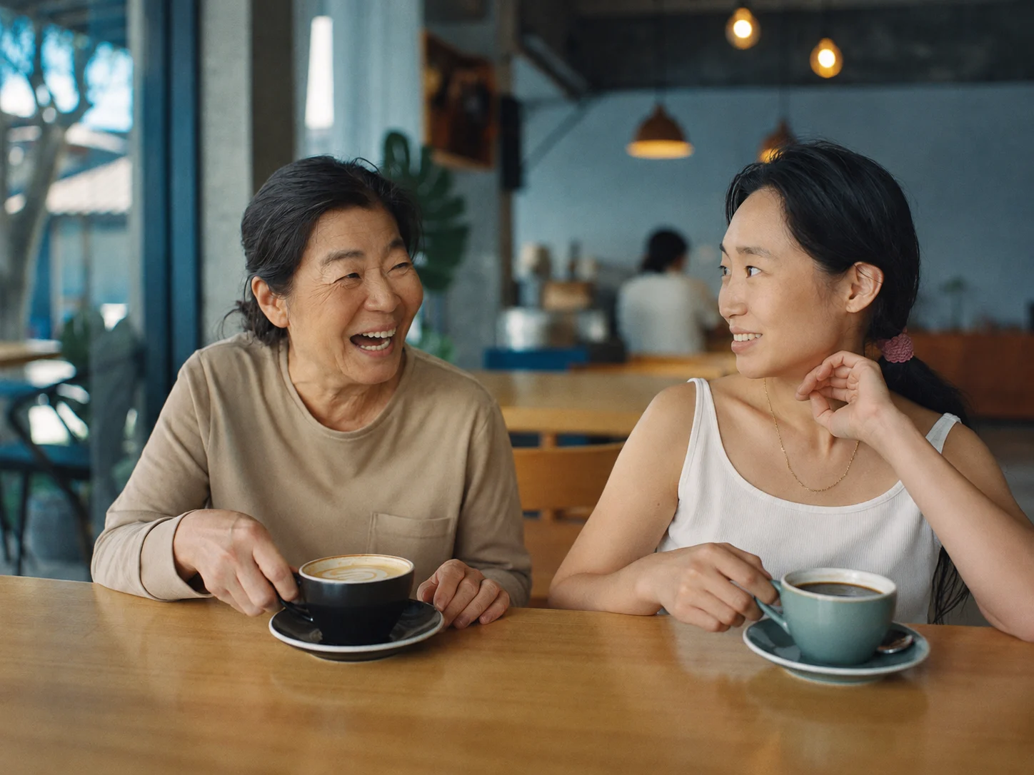 Two women sharing coffee and conversation at a neighbourhood café