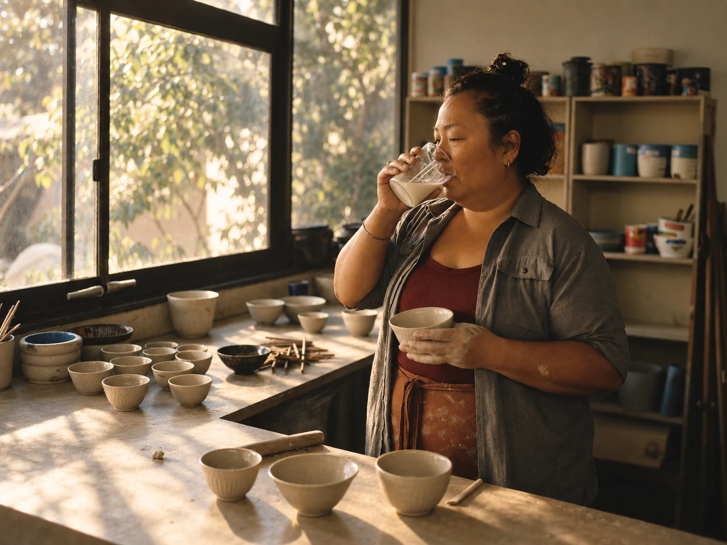 A ceramicist tasting a rice drink in a sunlit studio