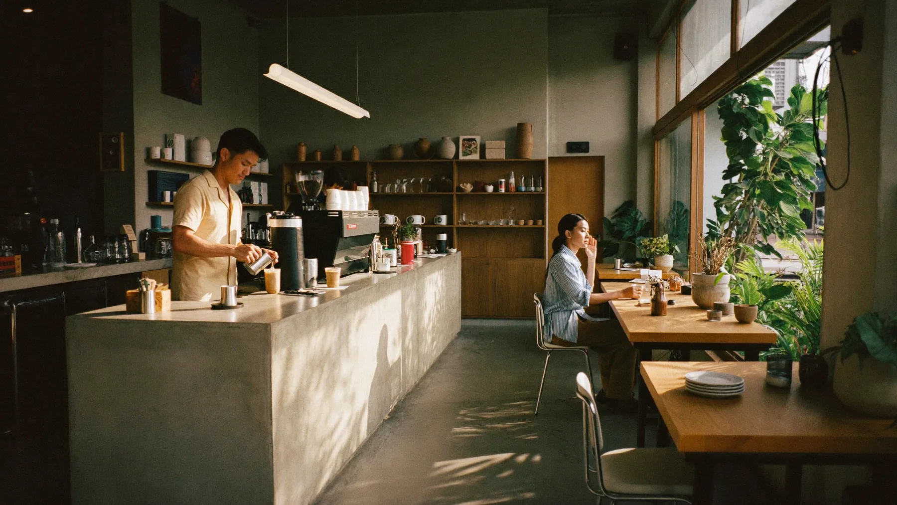 Sunlight falls across a café counter as a barista prepares a drink