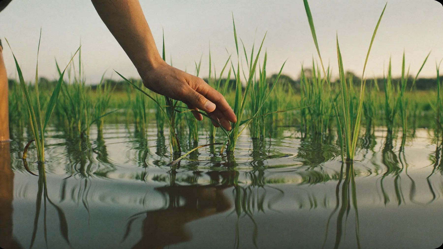 A hand brushes young rice plants growing in a flooded paddy