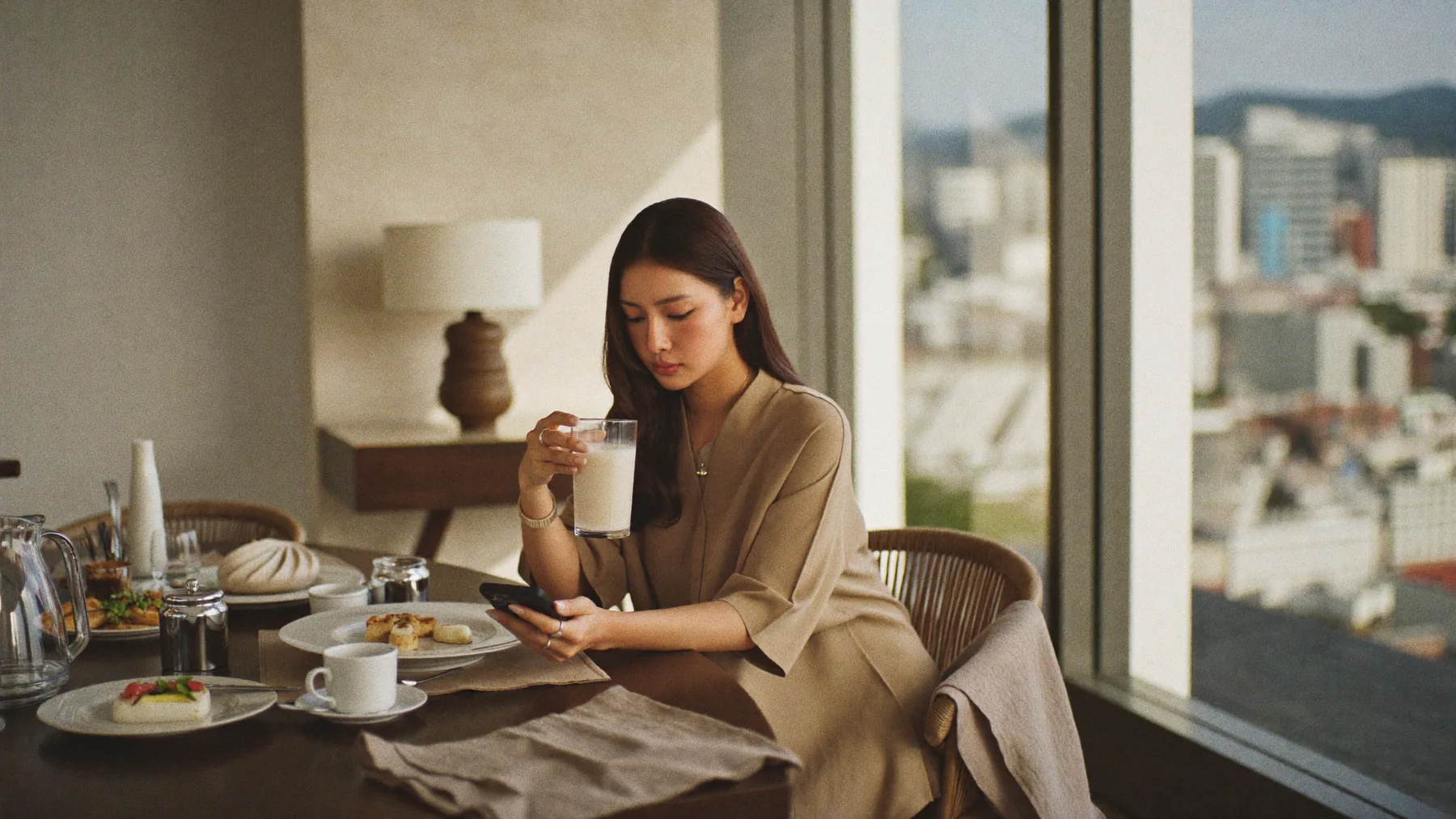 A woman holding a glass of rice drink at a sunlit breakfast table
